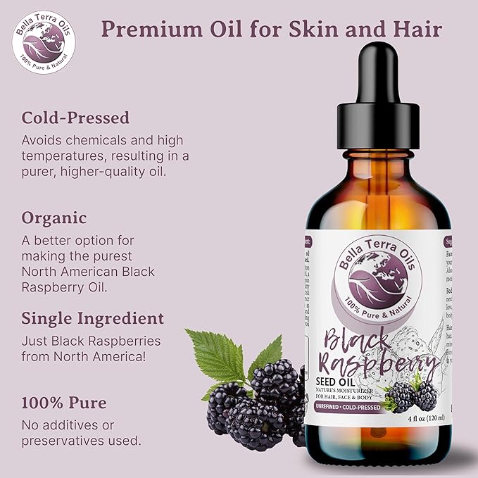 Bella Terra Oils - Black Raspberry Seed Oil 8oz - Embrace the Cosmetic Wonder of Raspberry Seed & Black Seed Oil Fusion, Replete with Tocopherols & Tocotrienols