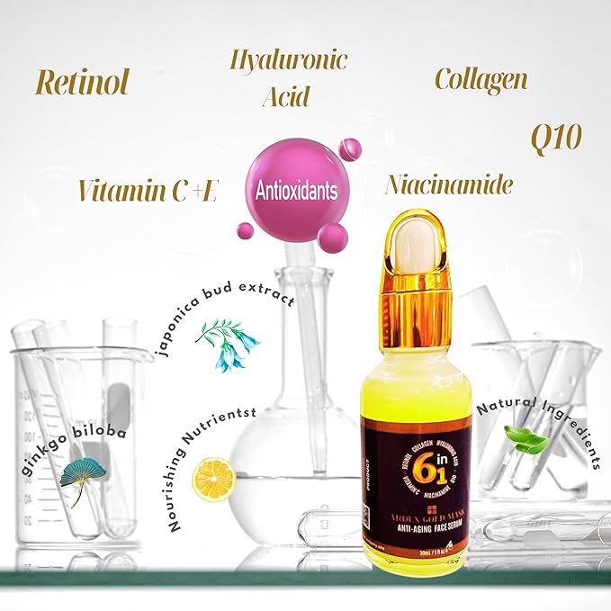 Anti-Aging Face Serum | 6-in-1 Facial Serum for Women | Hydrating, Brightening & Glowing Skin with Retinol, Hyaluronic Acid, Vitamin C & Collagen – Reduces Wrinkles & Fine Lines – 30ml