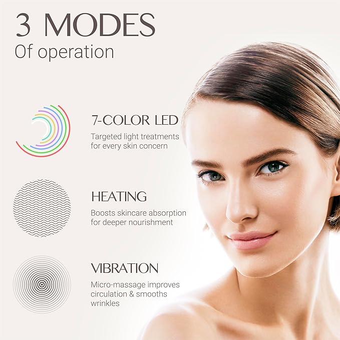 Red Light Face Massager Device 3-in-1 : Vibration, Gentle Heating, and 7-Color LED Light – Home Self-Care Tool for Skin Wellness (White)