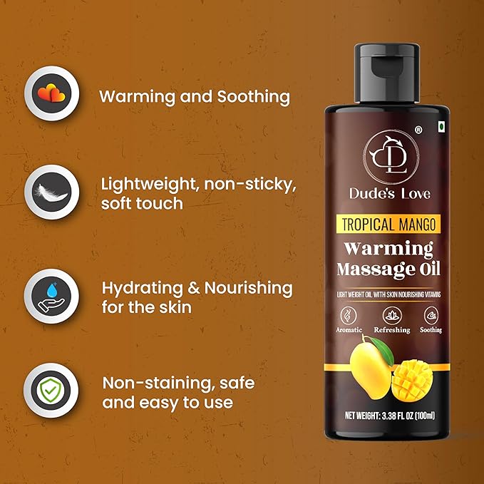 Dude's Love - Organic - Flavored Warming Body Massage Oil - Tropical Mango | No Stain - Non-Sticky | Nourish & Moisturize Skin | Aromatherapy Vegan Oil - 3.38 Fl Oz