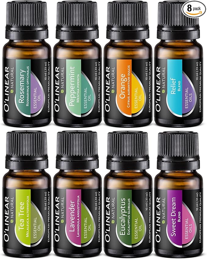 Top 8 Essential Oils Set for Diffuser for Home Aromatherapy Kit with Lavender, Peppermint, Eucalyptus, Tea Tree, Rosemary, Orange, Relief and Sweet Dreams Blends for Humidifiers Natural Pack