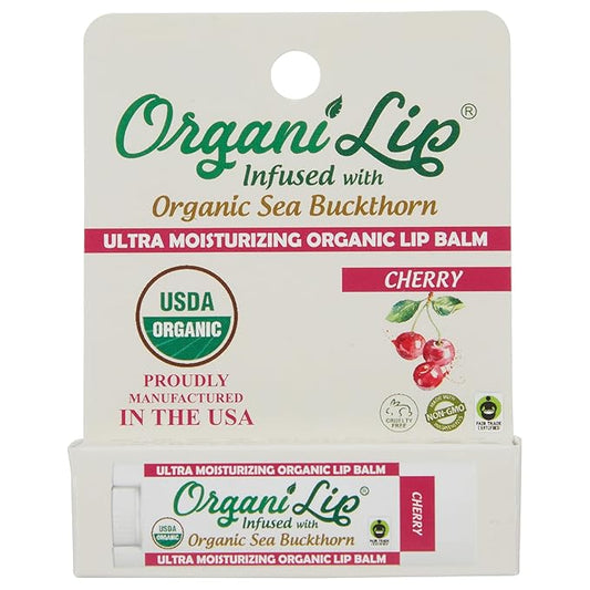 OrganiLip Organic Lip Balm, Cherry Flavor, Ultra Hydrating Lip Moisturizer for Cracked or Dry Lips, Infused With Organic Sea Buckthorn, Oval Shaped Tube, USDA Certified Organic, 1 Pack