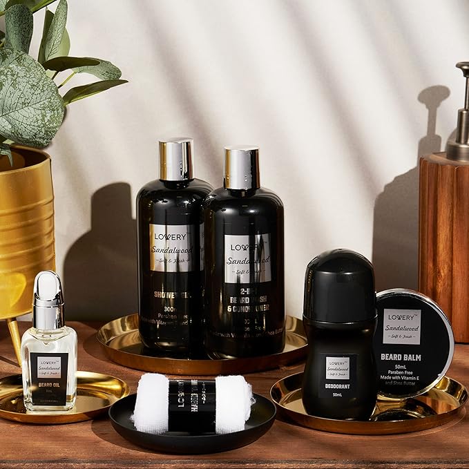 Beard Kit and Body Care Gifts for Men, Sandalwood Spa Gift Baskets, Mens Bath and Beard Grooming Kitf or Him, Unique Birthday Gifts for Him with Beard Balm, Growth Oil, Deodorant and More