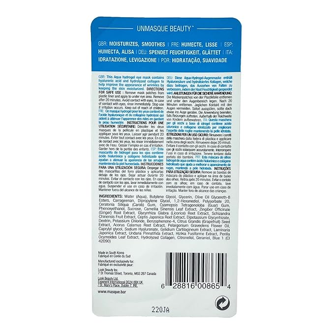 masque BAR Hydrogel Aqua Eye Patches (6 Pairs) with Hyaluronic Acid and Collagen, Korean Under Eye Skincare Treatment, Moisturize & Hydrate Skin Around Eyes, Reduce Fine Lines, Wrinkles