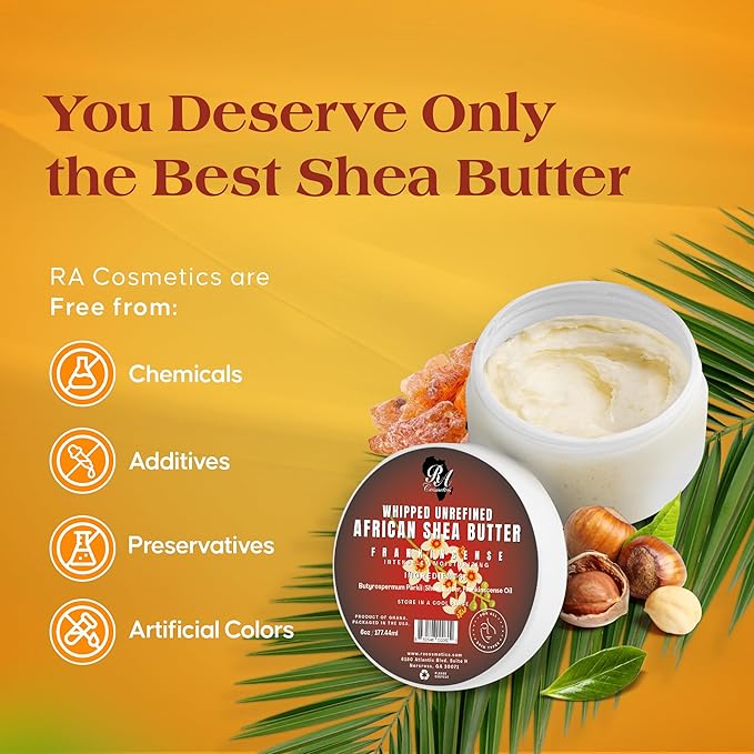 RA COSMETICS Whipped Shea Butter Frankincense - 6oz | 100% Pure & Natural African Shea Butter for Men & Women - Handcrafted Moisturizer with Essential Vitamins for Softer Lips, Healthier Skin & Hair