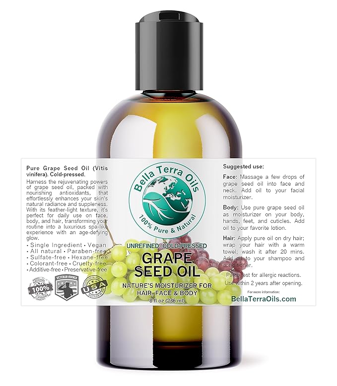 Bella Terra Oils - Organic Grape Seed Oil 8 oz - Dive into Organic Grape's Nutritional Power, Packed with Antioxidants & Omega-6, Elevate Your Skin Care Essence