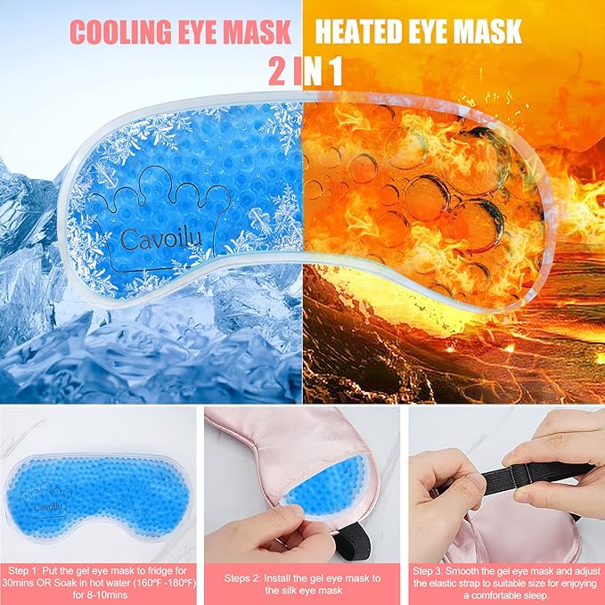 Cooling Eye Mask for Sleeping, Silk Sleep Mask w/Gel Eye Mask, Heated Eye Masks, Blindfold Eye Cover Women Sleeping Mask for Home, Office, Travel, Yoga, Medditation, Stocking Stuffers(Pink)