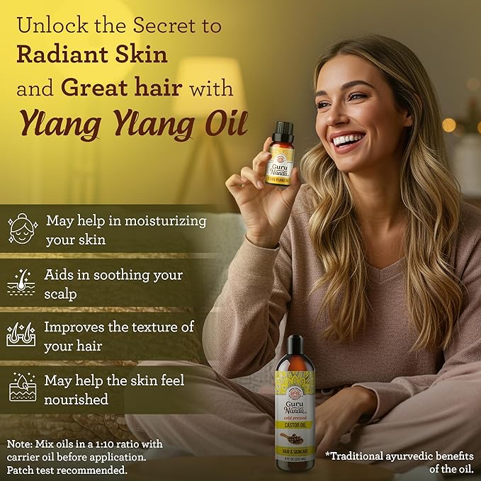 GuruNanda Ylang Ylang Essential Oil (10 ml) - 100% Pure, Natural and Undiluted Diffuser Oil for Aromatherapy, Massages & DIY Recipes