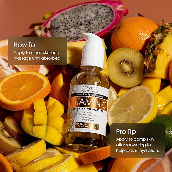 Advanced Clinicals Vitamin C Body Oil Skin Care Moisturizer W/Vitamin E & Turmeric - Nourishing, Brightening, & Hydrating Body Oil To Improve Look Of Dark Spots, Dry Skin, & Stretch Marks, 3.8 Fl Oz