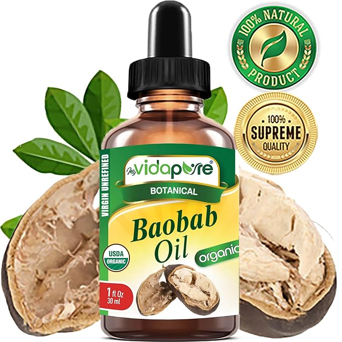 MYVIDAPURE Organic BAOBAB OIL Certified Organic 100% Natural Pure VIRGIN UNREFINED. 1 Fl.oz.- 30 ml. For Skin, Face, Hair, Lip and Nail Care