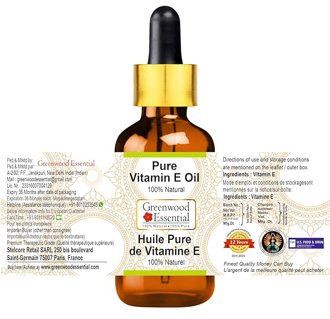Pure Vitamin E Oil with Glass Dropper Premium Therapeutic Grade for Hair, Skin & Aromatherapy 50ml (1.69 oz)