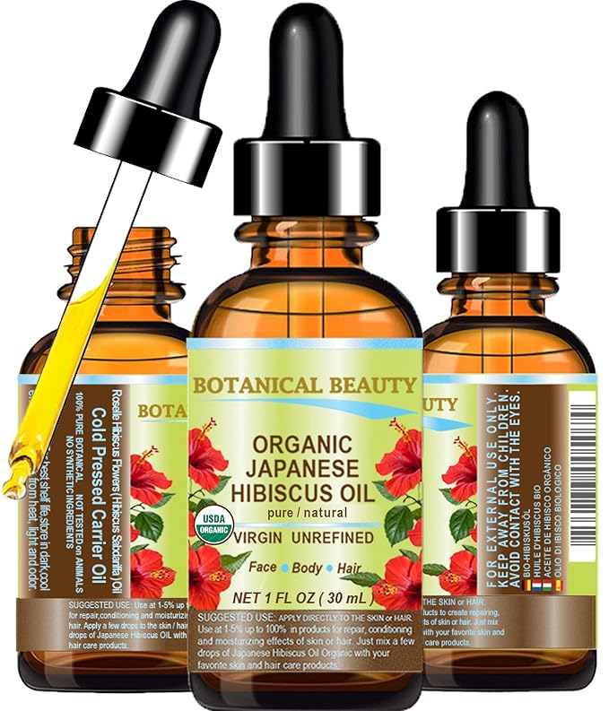Botanical Beauty Organic HIBISCUS OIL (Hibiscus Sabdariffa) JAPANESE 100 Pure Natural VIRGIN UNREFINED COLD PRESSED Anti Aging, Vitamin E oil for FACE, SKIN, HAIR GROWTH 1 Fl.oz.- 30 ml