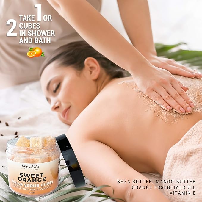 Body Scrub Exfoliator - 12oz SWEET ORANGE Sugar scrub cubes w/Mango Butter & Shea butter- Ultra Hydrating & Moisturizing - Natural & Organic for all body exfoliation- For hands, arms legs, elbow, foot