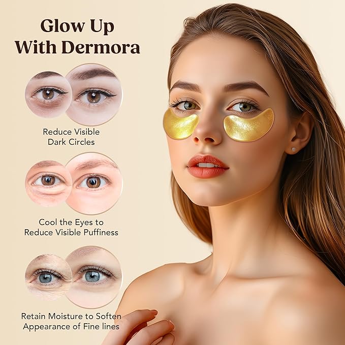 DERMORA Golden Glow Under Eye Patches (30 Pairs Eye Gels) - Rejuvenating Treatment for Dark Circles, Puffy Eyes, Refreshing, Revitalizing, Travel, Wrinkles