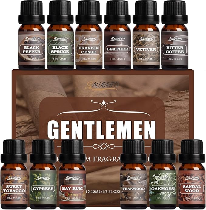 SALUBRITO Gentlement Fragrance Oils Set, Wood Essential Oils Set for Diffuser, Candle, Soap Making, Strong Scented Oil, Sandalwood, Frankincense and More