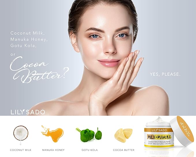 LILY SADO MILK+MANUKA™ Coconut Milk and Manuka Honey Natural Face Moisturizer - Non Greasy Organic Facial Cream with Cocoa Butter and Gotu Kola - Amazing Anti-aging Formula