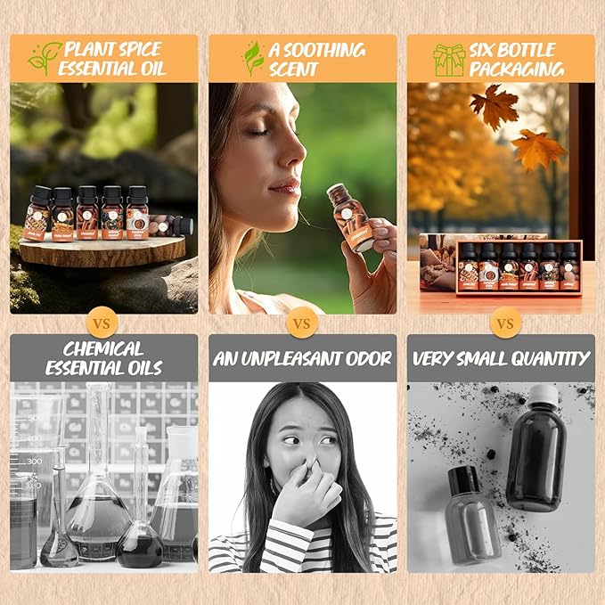 Autumn Essential Oils Set, Fragrance Oil Gift Set for Oil Diffusers, Scented Oils for Soap Candle Making 6x10ml - Pumpkin Spice, Nutmeg, Apple Pie, Autumn Harvest, Cinnamon, and Maple Syrup