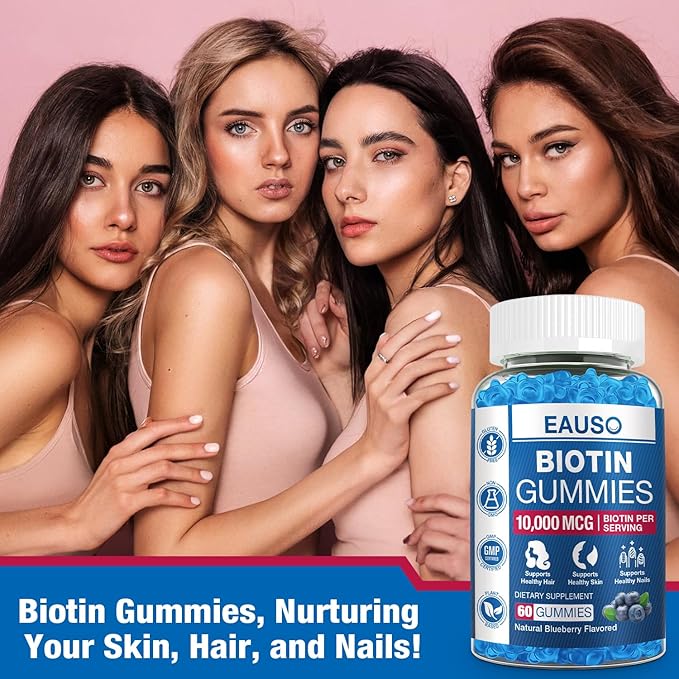 Extra Strength Biotin Gummies 10,000mcg for Stronger Hair, Skin & Nails - 60 Gummies - Vegan, Non-GMO, Health Supplement