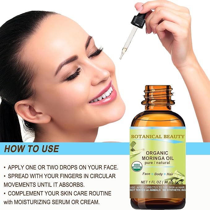Botanical Beauty Organic Moringa Oil 100% Pure Natural Undiluted 1 Fl.oz.- 30 ml. for Face Skin, Hair, Lips, Body, Nails Rich in Vitamin C, Vitamin E