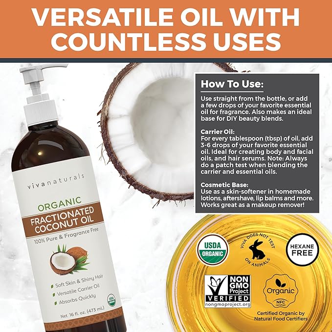 Viva Naturals Organic Fractionated Coconut Oil - Skin & Hair Moisturizer, Relaxing Massage and Body Oil, Carrier Oil for Essential Oils Mixing, Pure Non-Greasy Coconut Oil for Skin and Hair, 16 fl oz