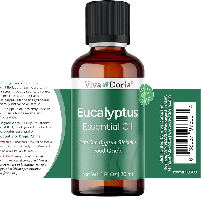 Viva Doria Eucalyptus Essential Oil, 100% Pure, Natural, Essential Globulus Oil, Undiluted, for Aromatherapy | Food Grade, 30 mL (1 Fluid Ounce)