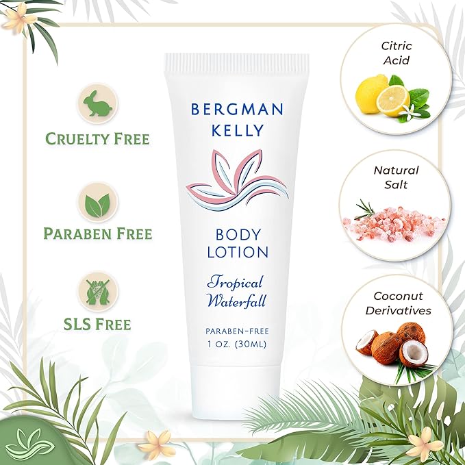 BERGMAN KELLY - Travel Size Lotion - 1 fl oz, 100 PK, Tropical Waterfall - Delight Your Guests w/Invigorating & Refreshing Body Lotion - Quality Mini & Small Size Guest Hotel Toiletries in Bulk