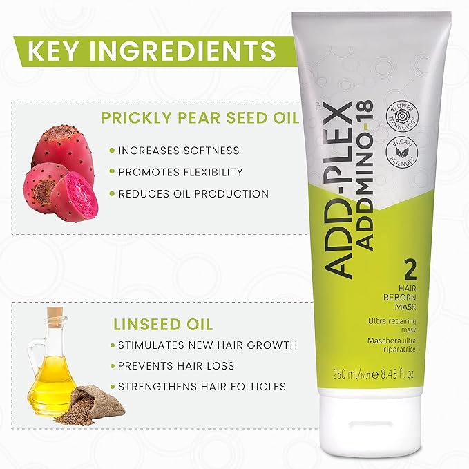 ADDMINO-18 Hair Mask - Reborn Hair Mask for Dry and Damaged Hair and Growth with 18 Amino Acids - Nourishing Hair Treatment - With Pear/Linseed Oil for Hair Care - 250ml/8.45 Fl Oz