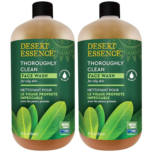 Desert Essence Thoroughly Clean Face Wash - Original - 32 Fl Oz - Pack of 2 -Tea Tree Oil -For Soft Radiant Skin - Gentle Cleanser - Extracts Of Goldenseal, Awapuhi, & Chamomile Essential Oils