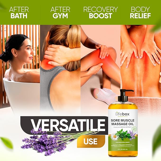 Arnica Sore Muscle Massage Oil – 100% Pure & Natural - Massage Therapy for Muscles & Joints – Body Oil Infused with Arnica Extract, Lavender Oil, Peppermint Oil & Chamomile Oil – 8 FL OZ