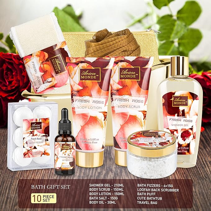 Fresh Rose Scented Spa Gift Set for Him & Her, 10-Piece Collection with Shower Gel, Bubble Bath, Body Lotion, Scrub, Salt, Bombs, Puff, Oil