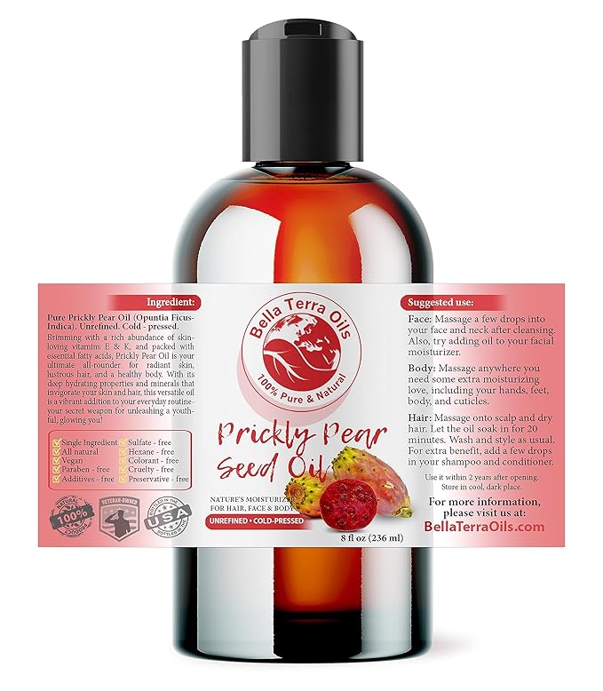 Bella Terra Oils - Prickly Pear Seed Oil 8 oz - The Symmetry of Cactus Extract & Barbary Fig, Overflowing with Vitamin B & Zinc, A Precious Skin Delight
