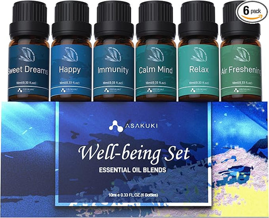 ASAKUKI Essential Oil Blends, Essential Oils for Diffusers for Home, Well-Being Kit- Calm Mind, Sweet Dreams, Happy, Relax, Air Freshening, Immunity for Aromatherapy, Humidifiers, Massage, 6x10ml