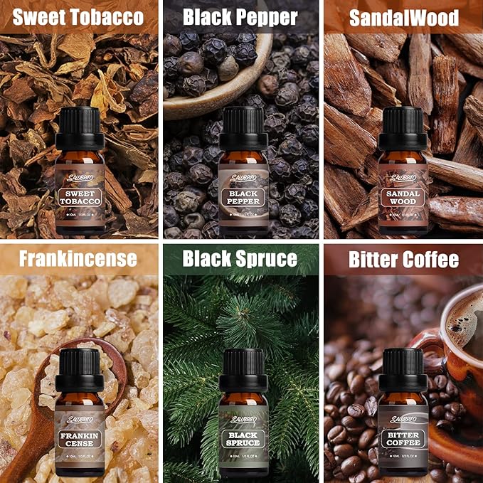 SALUBRITO Gentlement Fragrance Oils Set, Wood Essential Oils Set for Diffuser, Candle, Soap Making, Strong Scented Oil, Sandalwood, Frankincense and More