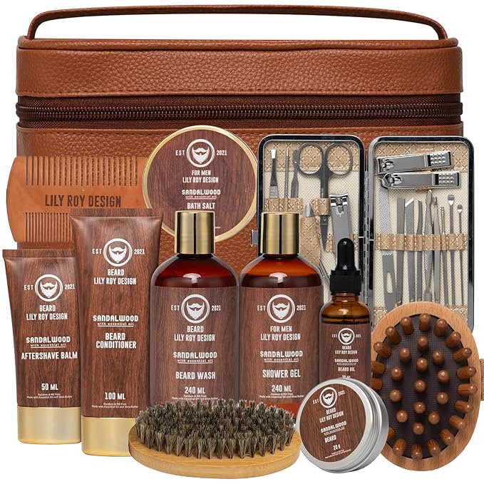 Father’s Day Gift - 12Pcs Sandalwood Men's Bath & Beard Gift Set for Men, Self Care Set with Beard Wash | Luxury Grooming Kit for Dad, Husband, Boyfriend, Christmas, Valentine’s, Birthday Gift for Him