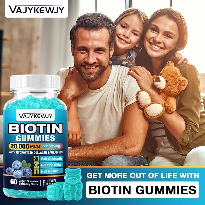 Vegan Biotin Gummies for Hair, Skin & Nails - 20,000 mcg per Serving, Suitable for Women & Men - 60 Gummies