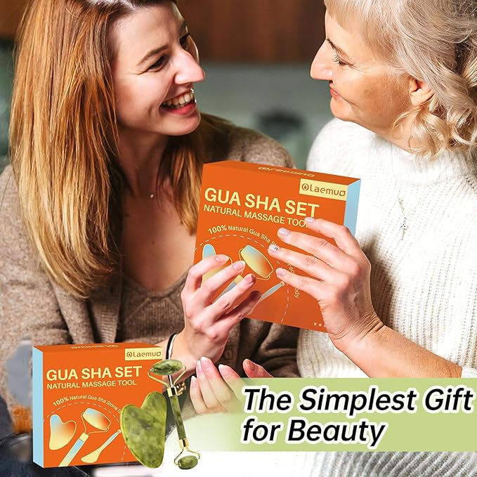 Jade Gua Sha and Face Roller, Real Jade Gua-Sha Stone Facial Tools Set for Reduce Puffiness, Body Guasha Tool for Relieve Neck Tension, Skincare Beauty Massager as Present for Women, Green