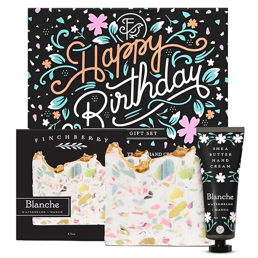 FinchBerry Happy Birthday 2 Piece Gift Set - Unique Birthday Gifts for Women: Mom, Sister, Wife, Girlfriend, Daughter, Friends & Family- Includes Blanche Bar Soap (4.5 oz) & Travel Hand Cream (1 oz)