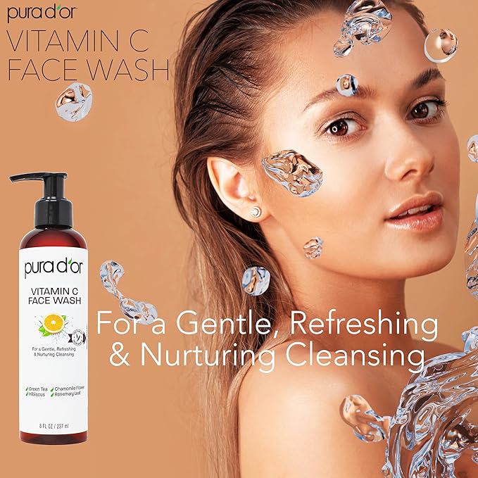 PURA D'OR Vitamin C Face Wash (8oz x2 = 16oz) Antioxidant Rich Facial Cleanser For Radiant Glow & Even Skin Tone - Gentle, Refreshing, Nurturing, Hydrating, Sulfate & Paraben Free Formula