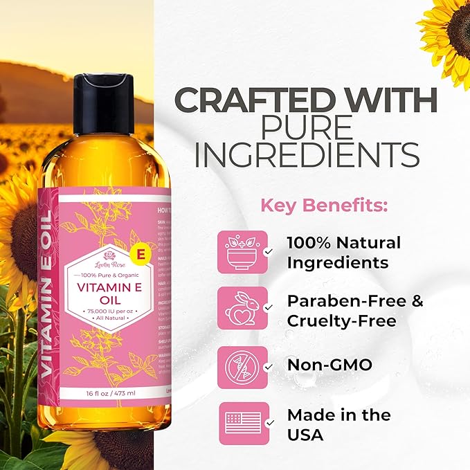 Leven Rose Bulk Vitamin E Oil 75,000 IU per oz 100% Natural, Organic, Pure Vitamin E Oil for Skin, Face, Hair, and Nails, 16 oz