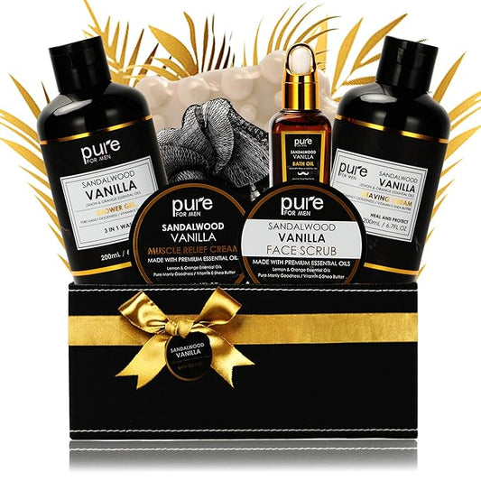 Pure Mens Bath and Body Gift Set. 7 Pc Natural Spa Gift Basket for Men. Spa Gift Set is #1 Ideal Gift for Men That Care about themselves!