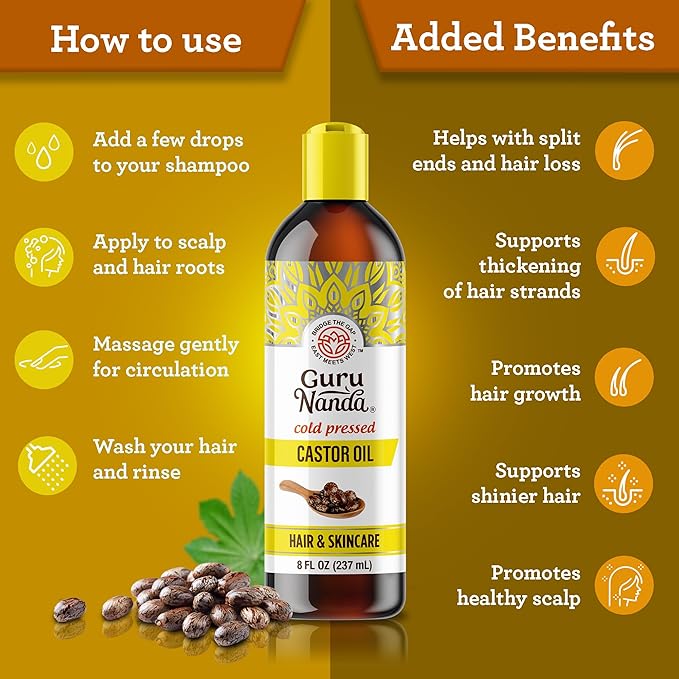 GuruNanda Castor Oil (8 Fl oz), 100% Pure, Cold Pressed & Hexane-Free, Hydrating Carrier Oil, Natural Castor Oil for Hair, Eyebrows & Eyelashes Growth