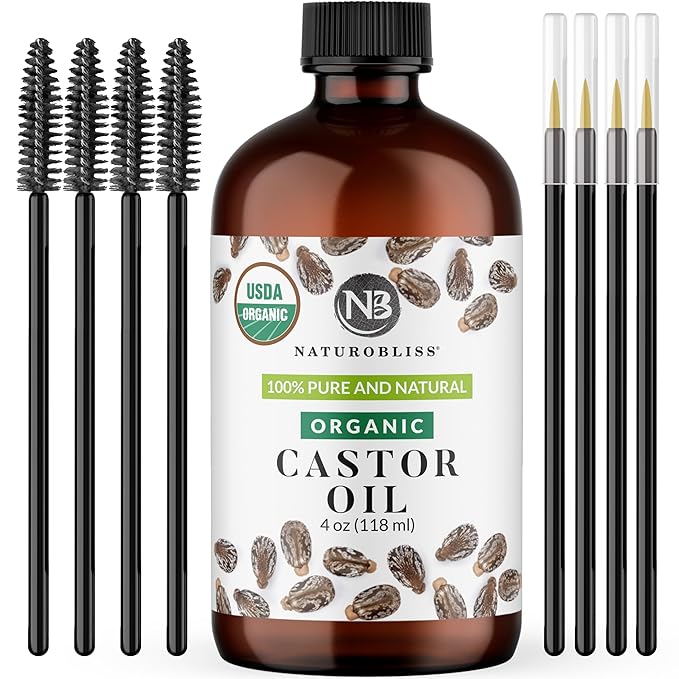 NaturoBliss Castor Oil Organic (4oz), 100% Pure, Cold Pressed, Hexane Free. Volumizing Serum for Hair, Eyelashes, Eyebrows. Hair Treatment Starter Kit & Skin Moisturizer