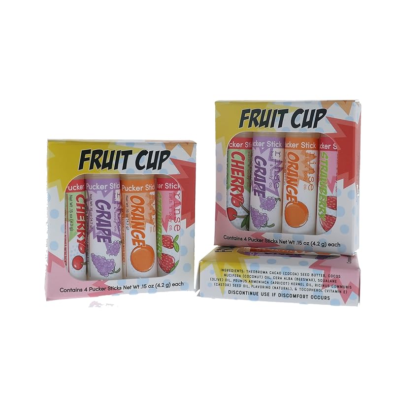 Rinse Bath & Body Fruit Cup Lip Balm Set - Handmade Natural Flavored Lip Balm | Cherry, Grape, Orange & Strawberry | Moisturizing, Soothing & Protecting | Squalane Oil | Gluten Free | 4 pack