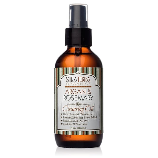 Shea Terra Face and Body Cleanser| Argan & Rosemary Facial Cleansing Oil| Non Toxic All Natural Oil that Cleanse Away Dirt & Debris from Pores for Blemish Free, Soft & Even-toned Skin – 4oz