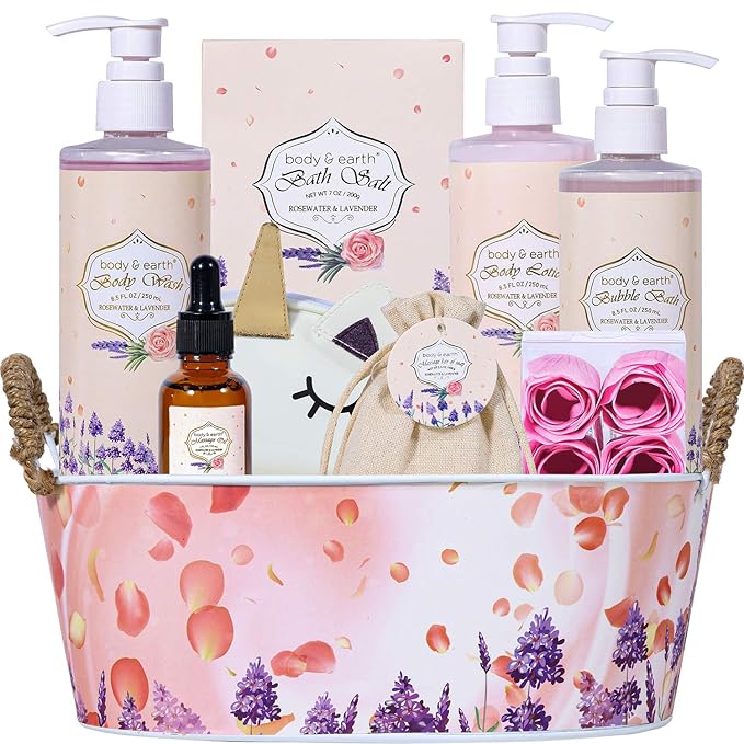 Spa Gift Baskets for Women, Bath Set for Women Gift - Body & Earth 10 Pcs Gifts Set with Rosewater & Lavender, Includes Bubble Bath, Body Lotion, Shower Gel, Home Spa Kit Gift for Her