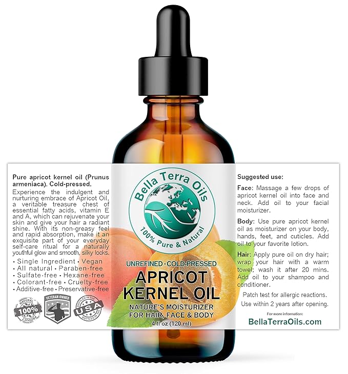 Bella Terra Oils - Organic Apricot Kernel Oil 4 oz - Pure Organic Apricot Essence, Abundant in Linoleic & Oleic Acid, A Luxurious Carrier Oil for Essential Oils