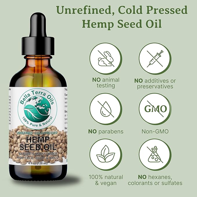 Bella Terra Oils - Hemp Seed Oil 4 oz - Dive into the World of Linoleic Acid & Alpha-Linolenic Acid, Packed with Essential Vitamins, Perfect for Cosmetic Elixirs