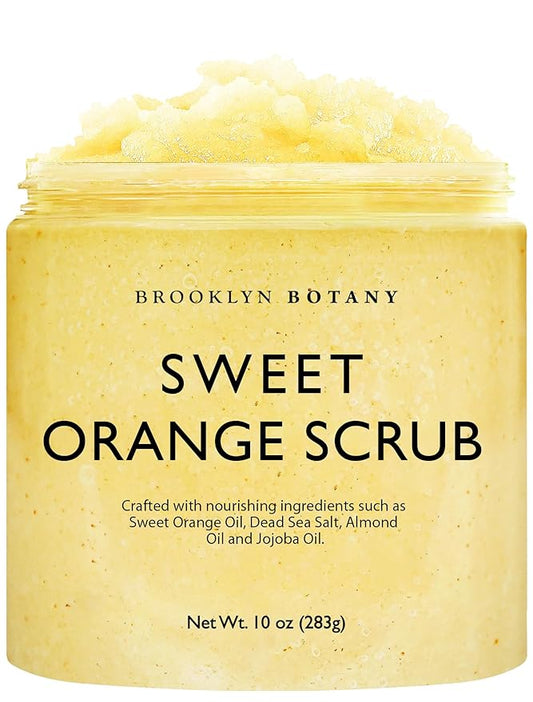 Brooklyn Botany Dead Sea Salt and Sweet Orange Body Scrub - Moisturizing and Exfoliating Body, Face, Hand, Foot Scrub - Fights Stretch Marks, Fine Lines, Wrinkles - Great Gifts for Women & Men - 10 oz