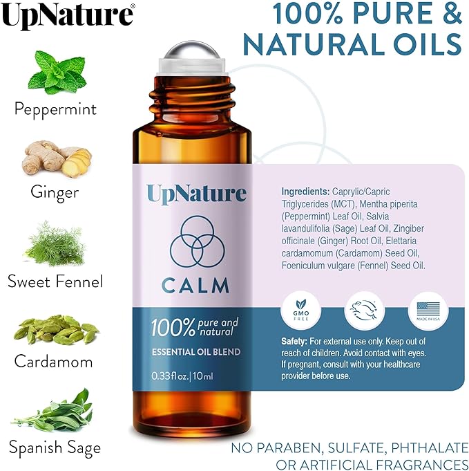 UpNature Calm Essential Oil Roll On - 100% Natural Stress Relief Aromatherapy - Relaxation Self Care Gifts for Women & Men