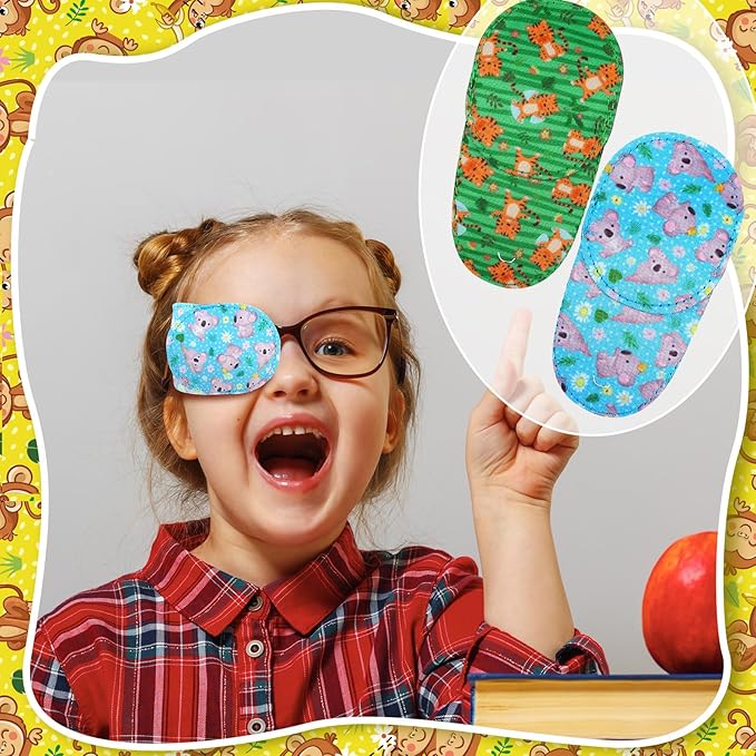 Newcotte 12 Pcs Eye Patch for Kids Toddler Reusable Adjustable Girls Boys Eyepatch for Glasses Left or Right Eye Patch, Assorted Patterns(Jungle Animal)